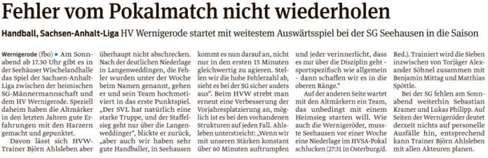 Volksstimme Vorbericht zum Spiel der 1. Mannsachaft in Seehausen